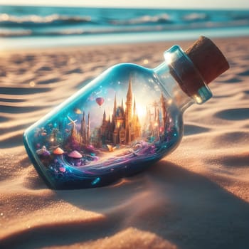 artificial intelligence generated image of a whimsical world contained within a bottle drifting along the shores.