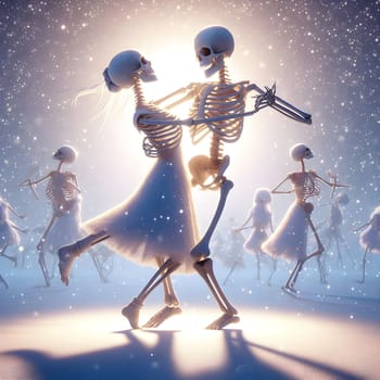 artificial intelligence generated image of a couple of skeleton dancing happy moment in digital art style.