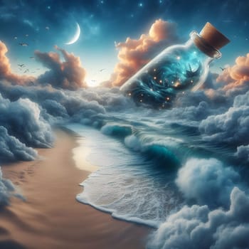 artificial intelligence generated image of a whimsical world contained within a bottle drifting along the shores.
