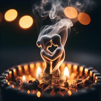 artificial intelligence generated close up image of a glowing cigarette ashtray, the thick smoke forming the delicate silhouette of a shadowy embracing couple.