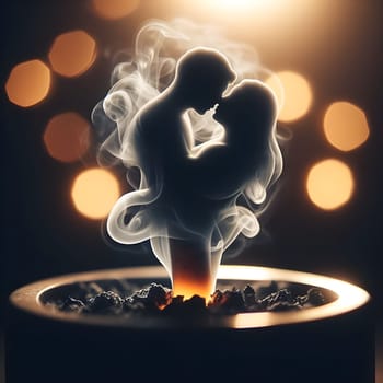 artificial intelligence generated close up image of a glowing cigarette ashtray, the thick smoke forming the delicate silhouette of a shadowy embracing couple.