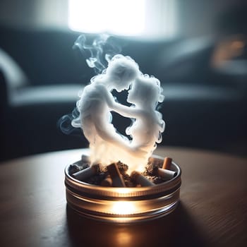 artificial intelligence generated close up image of a glowing cigarette ashtray, the thick smoke forming the delicate silhouette of a shadowy embracing couple.