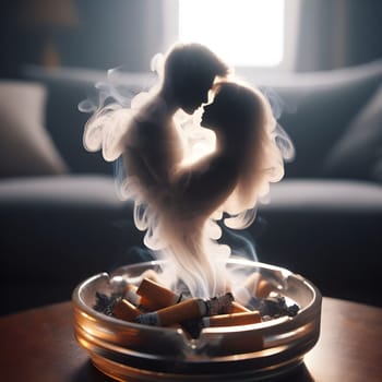 artificial intelligence generated close up image of a glowing cigarette ashtray, the thick smoke forming the delicate silhouette of a shadowy embracing couple.
