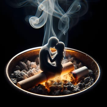 artificial intelligence generated close up image of a glowing cigarette ashtray, the thick smoke forming the delicate silhouette of a shadowy embracing couple.