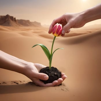 artificial intelligence generated image of desert landscape with a seedling plant sprouting from the ground as metaphor for global warming.