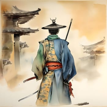 artificial intelligence generated image of the vintage Japanese watercolor,wondering Ronin looking for vengeance.