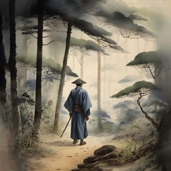 artificial intelligence generated image of the vintage Japanese watercolor,wondering Ronin looking for vengeance.