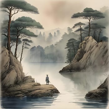 artificial intelligence generated image of the vintage Japanese watercolor,wondering Ronin looking for vengeance.