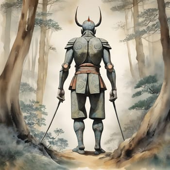artificial intelligence generated image of the vintage Japanese watercolor,wondering Ronin looking for vengeance.