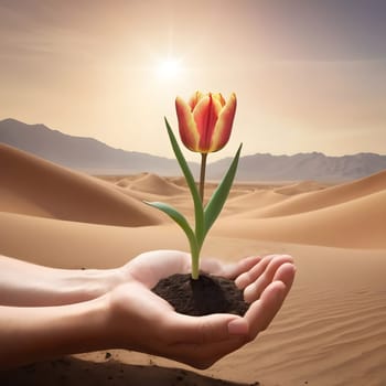 artificial intelligence generated image of desert landscape with a seedling plant sprouting from the ground as metaphor for global warming.