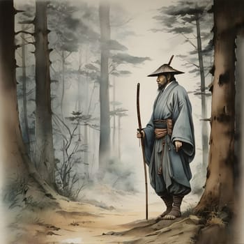 artificial intelligence generated image of the vintage Japanese watercolor,wondering Ronin looking for vengeance.