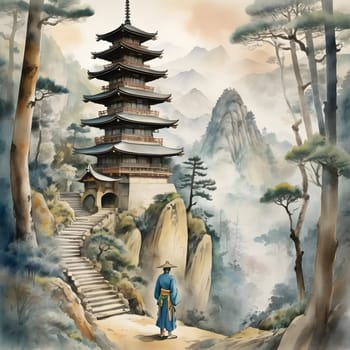 artificial intelligence generated image of the vintage Japanese watercolor,wondering Ronin looking for vengeance.