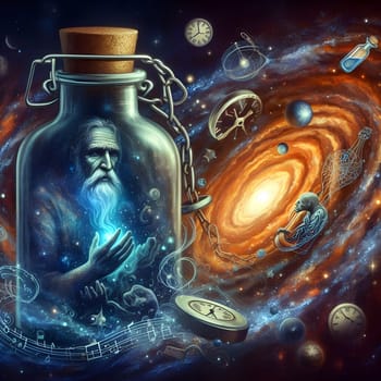 artificial intelligence generated image of the karla gerard time clock is represented in a bottle surrounded by colorful universal cosmic atmosphere art.