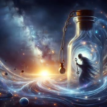 artificial intelligence generated image of the karla gerard time clock is represented in a bottle surrounded by colorful universal cosmic atmosphere art.