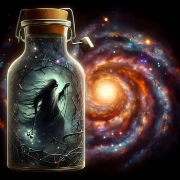 artificial intelligence generated image of the karla gerard time clock is represented in a bottle surrounded by colorful universal cosmic atmosphere art.