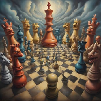artificial intelligence generated image of a figurative art chess maze surrealism psychedelic in comical style.