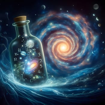artificial intelligence generated image of the karla gerard time clock is represented in a bottle surrounded by colorful universal cosmic atmosphere art.