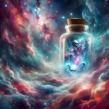 artificial intelligence generated image of the karla gerard time clock is represented in a bottle surrounded by colorful universal cosmic atmosphere art.
