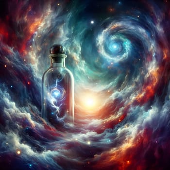 artificial intelligence generated image of the karla gerard time clock is represented in a bottle surrounded by colorful universal cosmic atmosphere art.