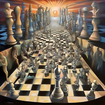 /artificial intelligence generated image of a figurative art chess maze surrealism psychedelic in comical style.