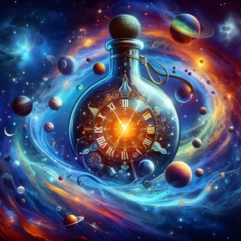 artificial intelligence generated image of the karla gerard time clock is represented in a bottle surrounded by colorful universal cosmic atmosphere art.