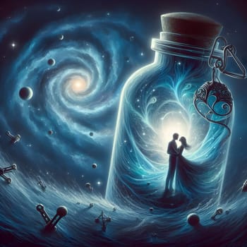 artificial intelligence generated image of the karla gerard time clock is represented in a bottle surrounded by colorful universal cosmic atmosphere art.