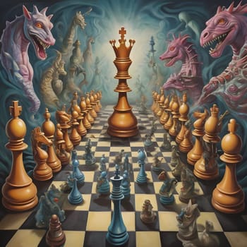 artificial intelligence generated image of a figurative art chess maze surrealism psychedelic in comical style.