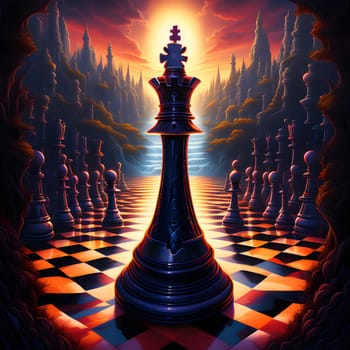 artificial intelligence generated image of a figurative art chess maze surrealism psychedelic in comical style.