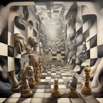 artificial intelligence generated image of a figurative art chess maze surrealism psychedelic in comical style.