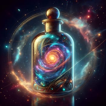 artificial intelligence generated image of the karla gerard time clock is represented in a bottle surrounded by colorful universal cosmic atmosphere art.