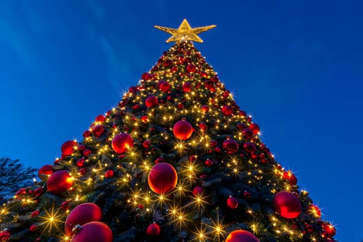 Illuminated Festive Tree with Red Ornaments and Golden Star