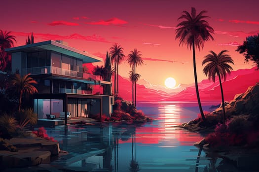 Contemporary villa at sunset, tropical climate. Modern cottage with palm trees and ocean in the evening. Exotic paradise