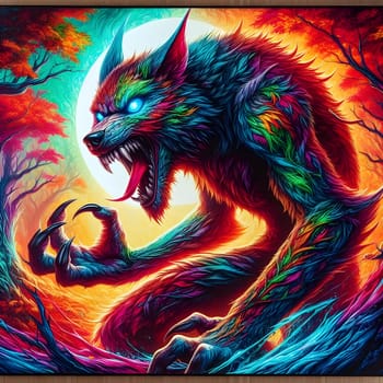 artificial intelligence generated image of a huge fierce werewolf is shown and running wild in the dark forest.