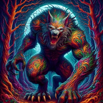 artificial intelligence generated image of a huge fierce werewolf is shown and running wild in the dark forest.