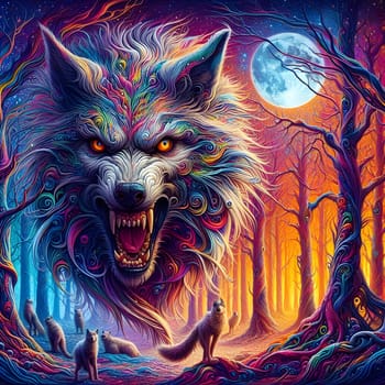 artificial intelligence generated image of a huge fierce werewolf is shown and running wild in the dark forest.