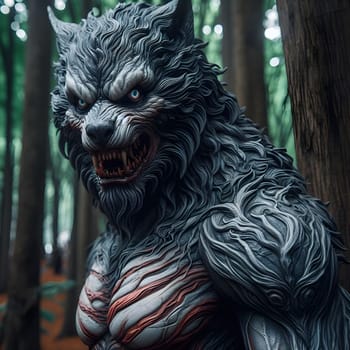 artificial intelligence generated image of a huge fierce werewolf is shown and running wild in the dark forest.