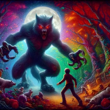 artificial intelligence generated image of a huge fierce werewolf is shown and running wild in the dark forest.