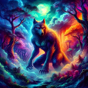 artificial intelligence generated image of a huge fierce werewolf is shown and running wild in the dark forest.