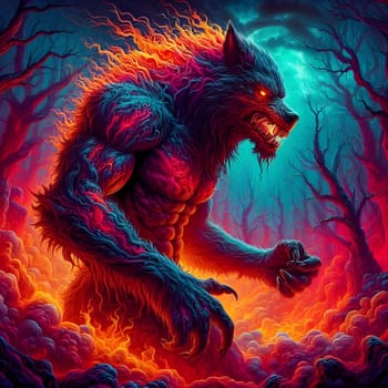 artificial intelligence generated image of a huge fierce werewolf is shown and running wild in the dark forest.