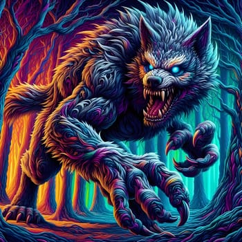 artificial intelligence generated image of a huge fierce werewolf is shown and running wild in the dark forest.