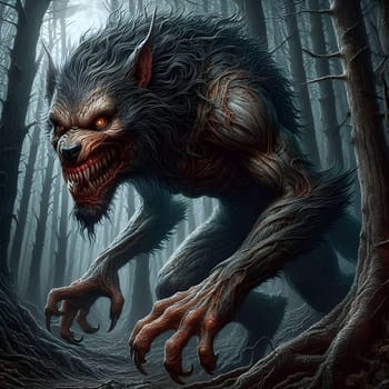 artificial intelligence generated image of a huge fierce werewolf is shown and running wild in the dark forest.