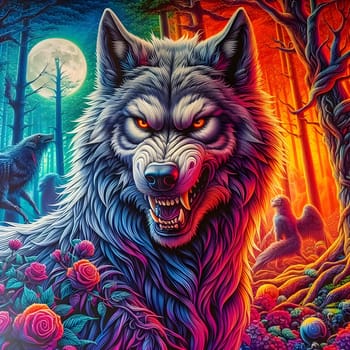 artificial intelligence generated image of a huge fierce werewolf is shown and running wild in the dark forest.