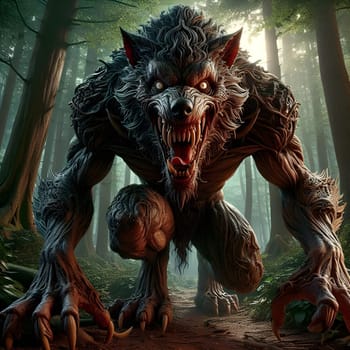 artificial intelligence generated image of a huge fierce werewolf is shown and running wild in the dark forest.