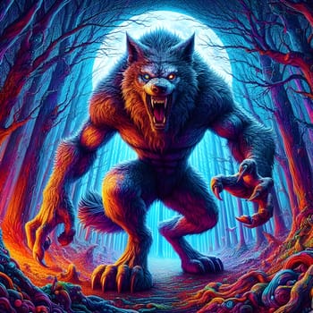 artificial intelligence generated image of a huge fierce werewolf is shown and running wild in the dark forest.