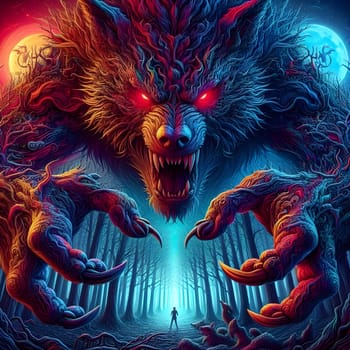 artificial intelligence generated image of a huge fierce werewolf is shown and running wild in the dark forest.
