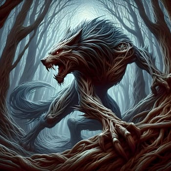 artificial intelligence generated image of a huge fierce werewolf is shown and running wild in the dark forest.