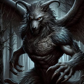 artificial intelligence generated image of a huge fierce werewolf is shown and running wild in the dark forest.