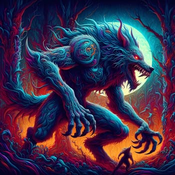 artificial intelligence generated image of a huge fierce werewolf is shown and running wild in the dark forest.