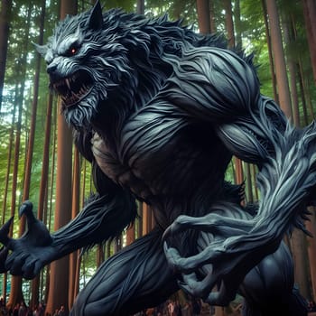 artificial intelligence generated image of a huge fierce werewolf is shown and running wild in the dark forest.