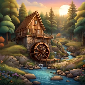 artificial intelligence generated image of karla gerard water wheel cottage by the streaming river surrounded by gorgeous forest art style.